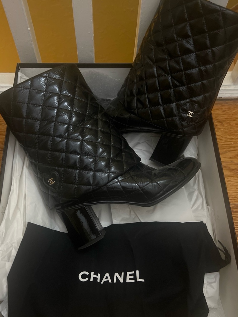 CHANEL Black Quilted Leather Mid-Calf Heeled Booties